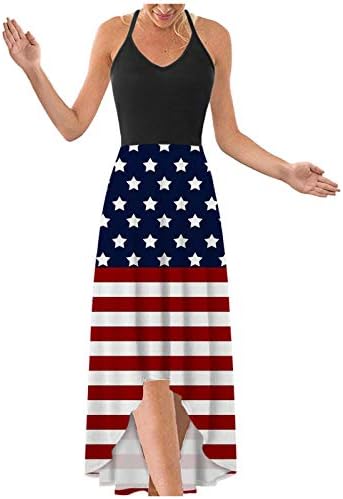 Július 4 Maxi Ruha Női Alkalmi Nyári Bohém Ruha Amerikai Zászló Scoop Nyak Cami Ujjatlan Csillagok, Csíkos nyári Ruha
