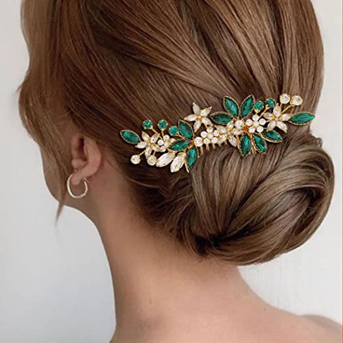 Flatser Zöld Kristály Esküvői Haj Fésű Arany Virágok Menyasszony Haját Oldalra Lépek Gyöngy Esküvői Haj Kiegészítők Nők