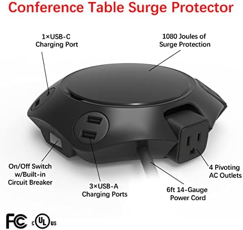 Tiszta Teljesítmény 4-Outlet 1080J Asztali Konferencia Asztal Energia Központ túlfeszültségvédő w/3-Port USB-A & 1-Port USB-C