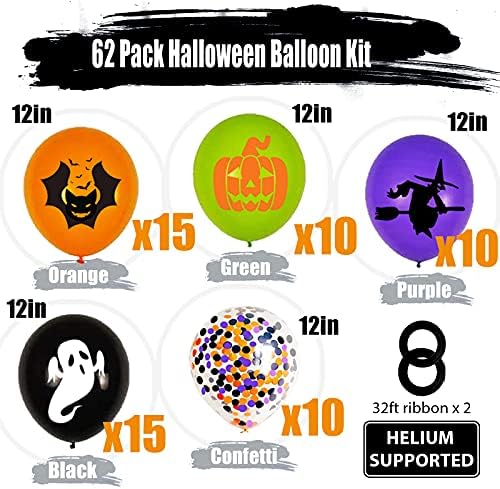 62 Pack Halloween Témájú Latex Lufi, Kit, 12 Cm, Narancs, Fekete, Lila, Zöld, Pinted Minta Dekoratív Lufi Szalag A Halloween