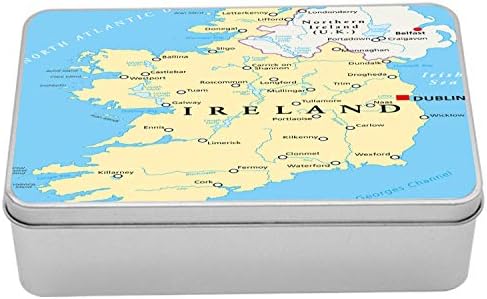 Ambesonne Írország Térkép Fém Doboz, Nagy-Részletes Feltérképezése Politikai Földrajzi Városok, Folyók, Többcélú Négyszögletes