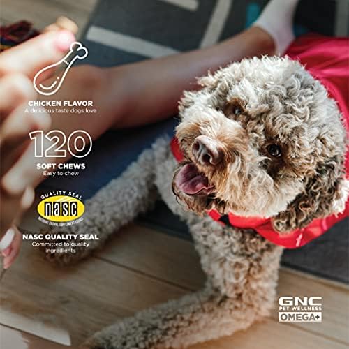 GNC Háziállatok Omega Bőr & Kabát, Kutya Kiegészítők Felnőtt Kutyák számára, Omega Zsírsavak & Lenmag, 120 ct| Csirke Ízű