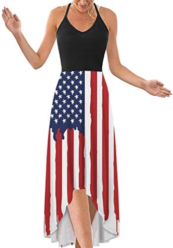 Július 4 Maxi Ruha Női Alkalmi Nyári Bohém Ruha Amerikai Zászló Scoop Nyak Cami Ujjatlan Csillagok, Csíkos nyári Ruha