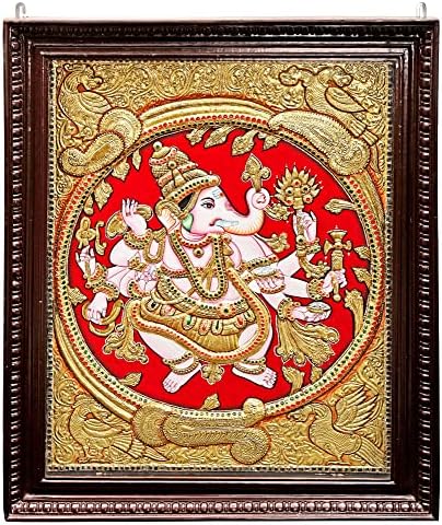 Egzotikus India 28 x 34 Nagy Ashtabhuja-Dhari Ganesha Tanjore Festmény | Hagyományos Színek, 24 karátos Arany | Teakw