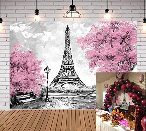 Qian Rózsaszín Virágok, Fák Eiffel-Torony Háttér Fotózás Szürke Paris Photo Studio Kellékek Banner Esküvői Buli Hátterekkel