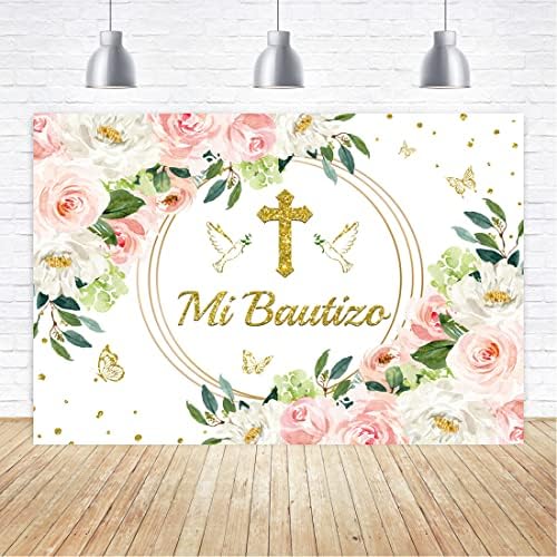 Aperturee Mi Bautizo Keresztség Hátteret 6x4ft Isten Áldja Első szentáldozás Keresztelő Akvarell Rózsaszín Virágos Csillogó