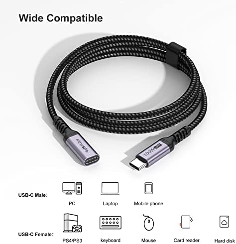DteeDck USB-C Hosszabbító Kábel 10ft, USB C Típusú Kiterjesztés Férfi-Női Fonott Zsinór Extender USB3.1 Gen2 100W Gyors Töltés