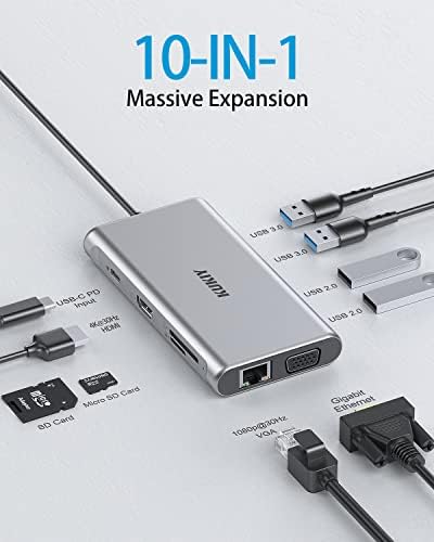 KUKIY USB-C-Hub, 10 az 1-ben Típus C Többportos Adapter Ethernet, 4K HDMI,VGA,2 USB 3.0,2 USB 2.0,100 W PD,USB-C-Adat Port,