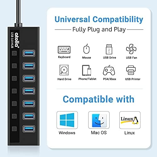 atolla Táplált USB 3.0 Hub 7 Port USB-Hub Elosztó Plusz 1 Intelligens Töltő Port USB Hosszabbító Beleértve az Egyes Kapcsolók,