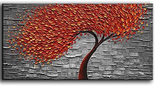 YaSheng Art - Modern, Absztrakt Festmény, Piros Fa 3D Kézzel Festett olajfestmény, Vászon Absztrakt Alkotás kép Wall Art